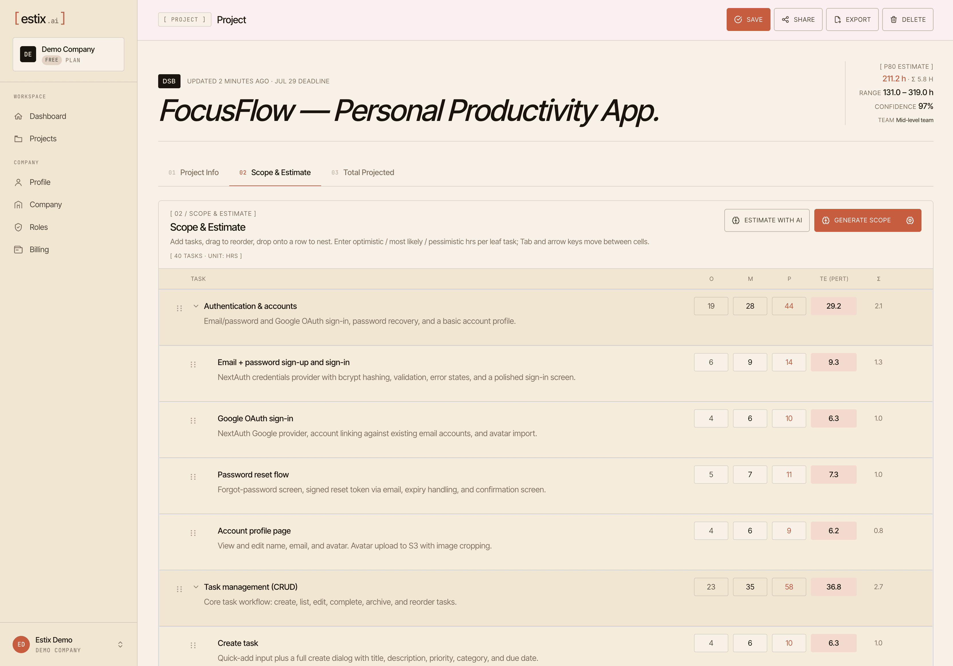 Estix.ai — scope tree with three-point estimates per leaf task